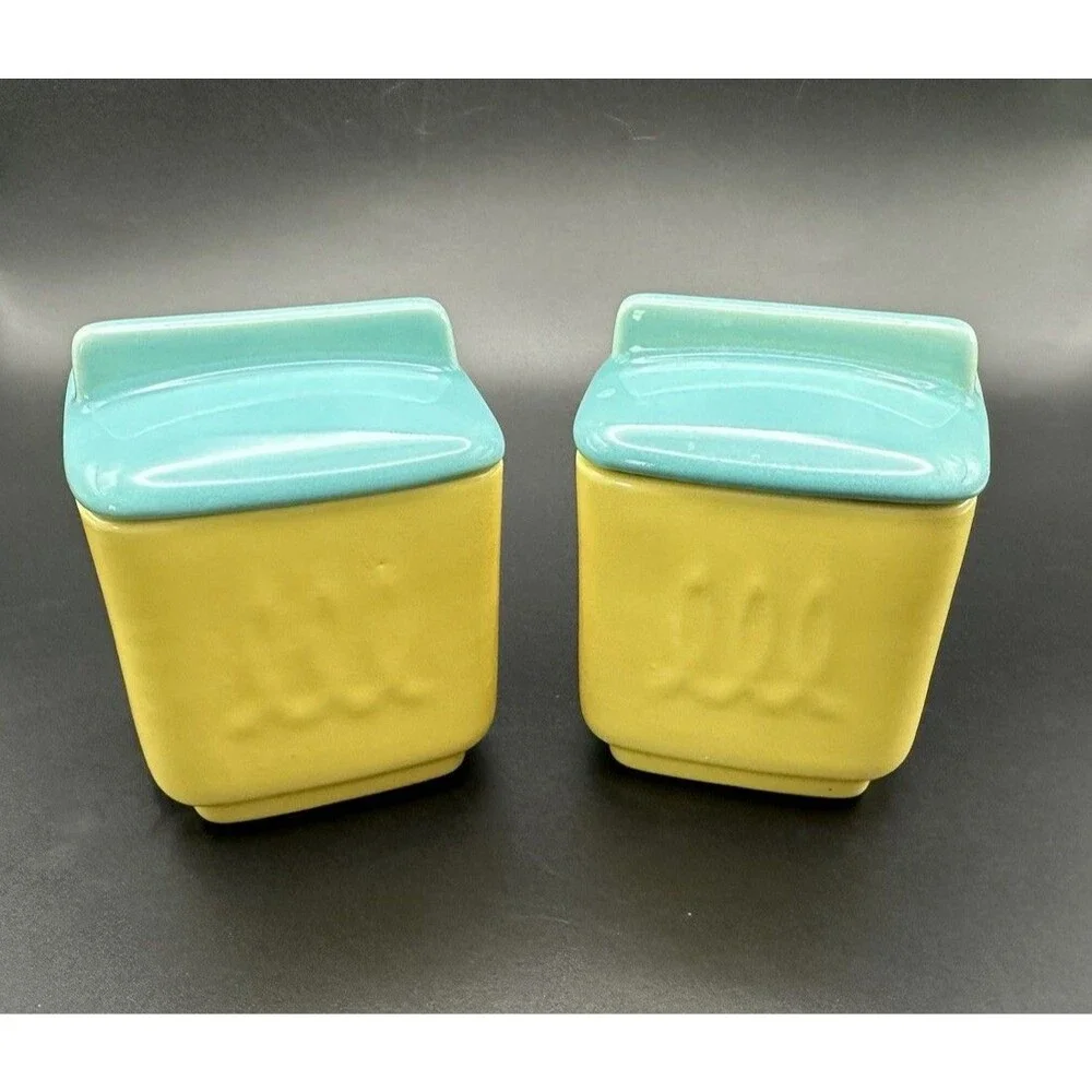 Vintage Franciscan Ware Pottery Covered Refrigerator Condiment Blue Yellow Retro
